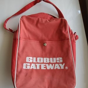 Global Gateway Red Vinyl and Cotton Travel Bag Purse Vintage with Over The Shoul